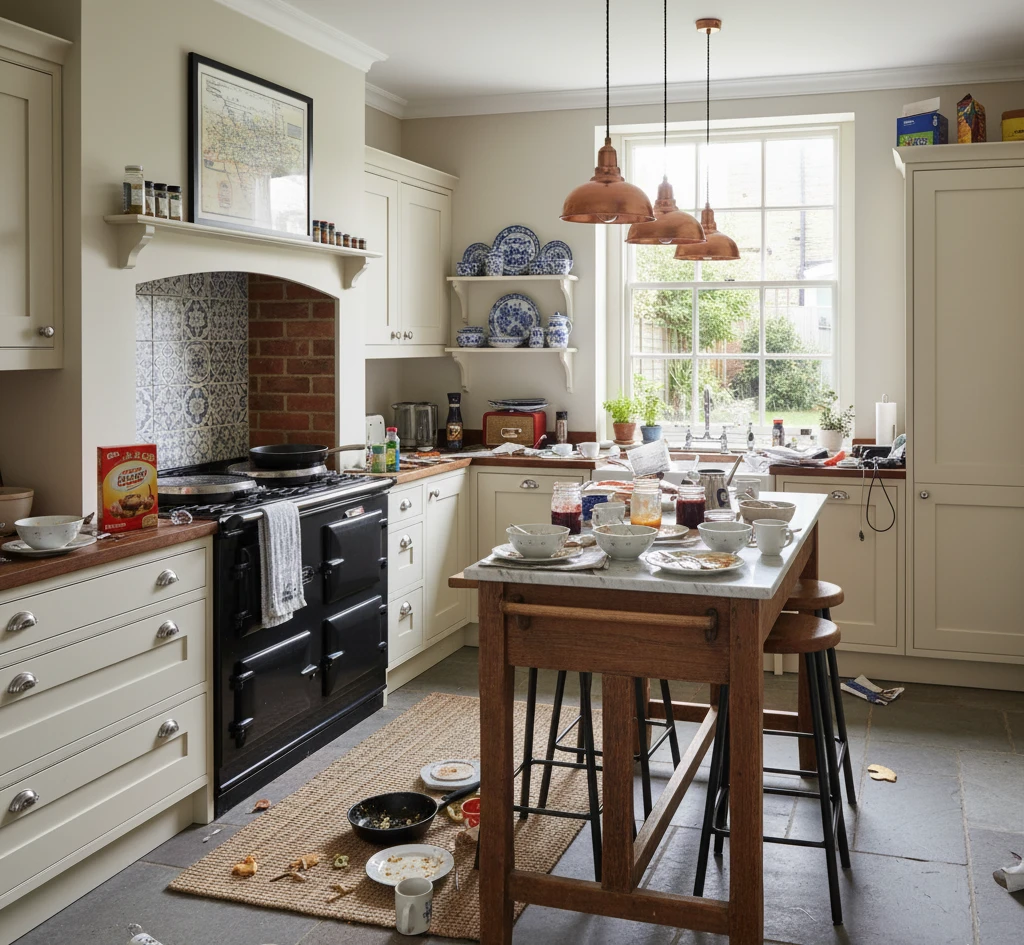 Messy kitchen before virtual decluttering