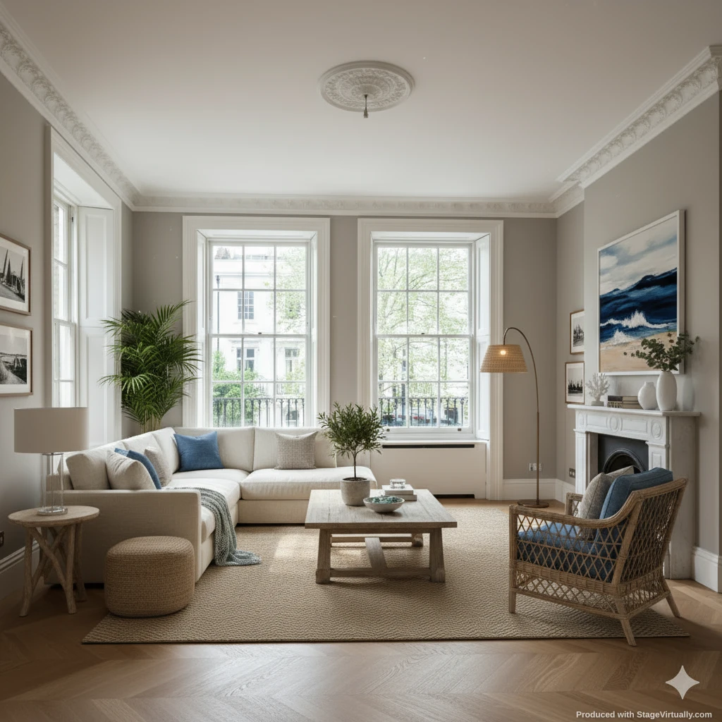 Modern coastal living room after virtual staging