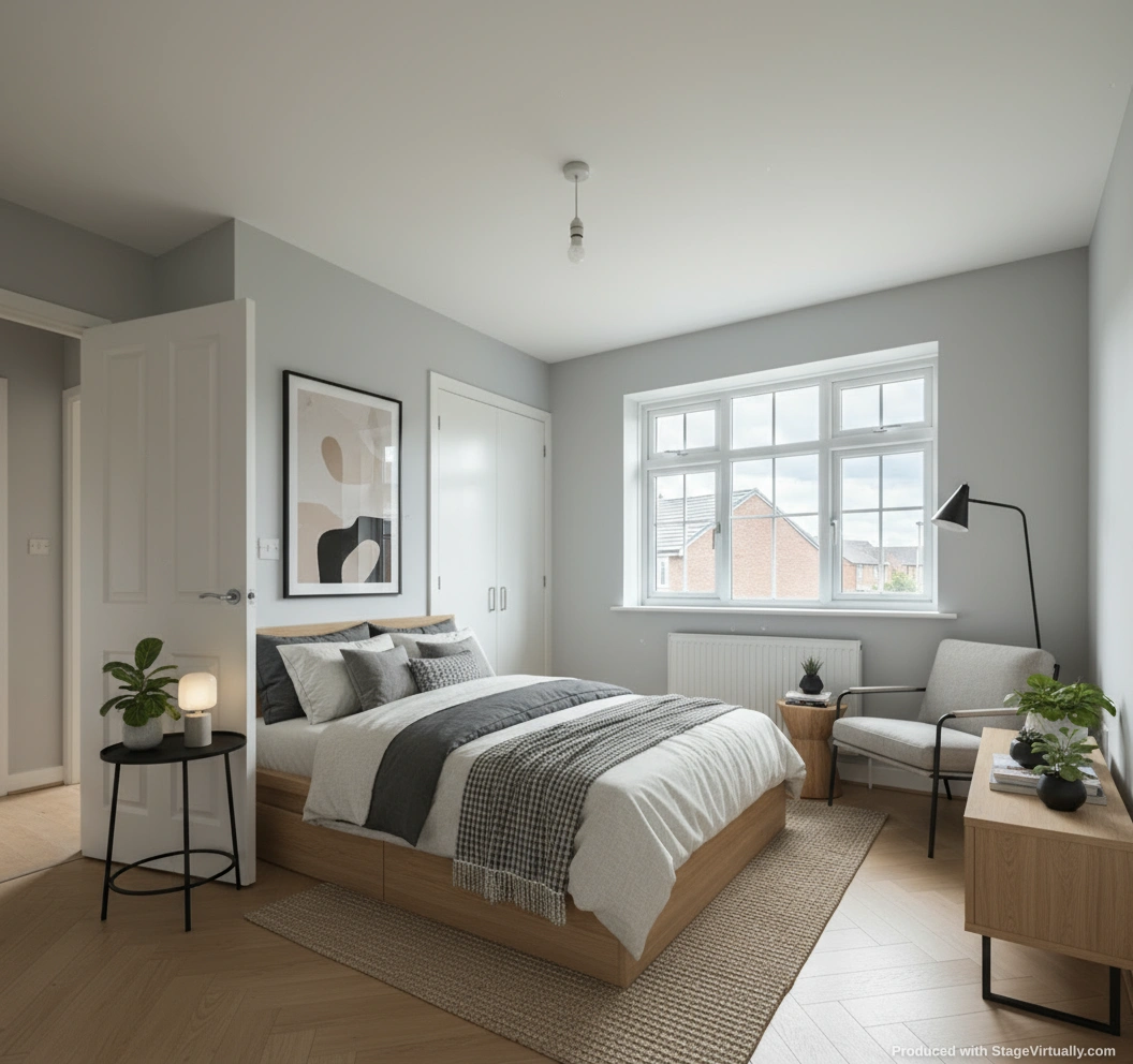 Scandinavian-styled secondary bedroom after virtual staging